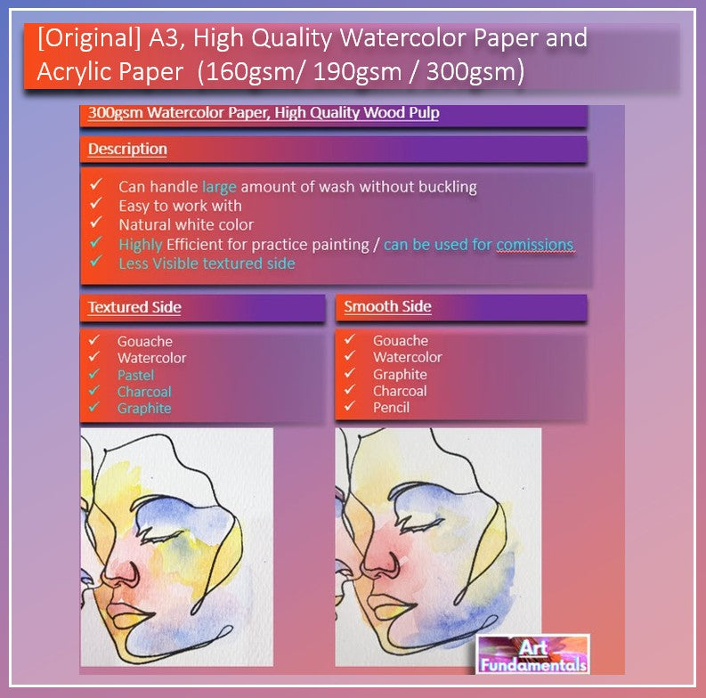A3, High Quality Watercolor Paper and Acrylic Paper (160gsm / 190gsm / 300gsm), by Art Fundamentals PH