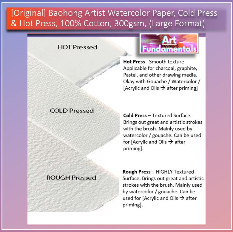 Baohong Artist Watercolor Paper, Cold Press & Hot Press, 100% Cotton, 300 gsm, (Large Format)