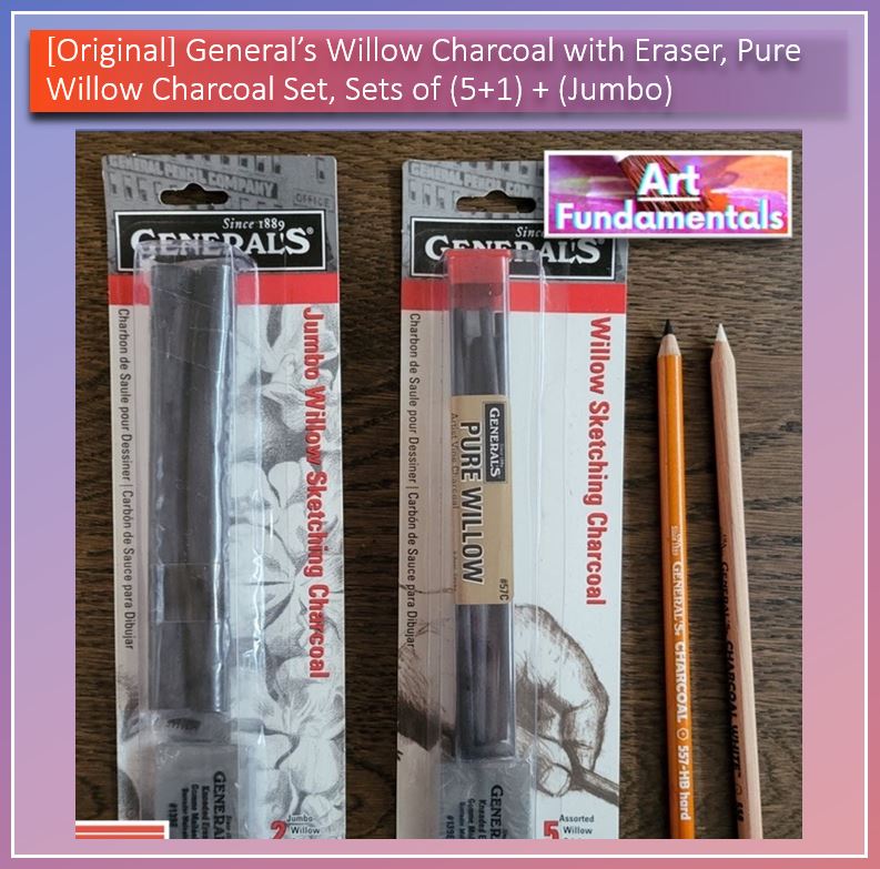 Generals Willow Charcoal with Eraser,  Pure Willow Charcoal Set, sets of (5 + 1) + (Jumbo)