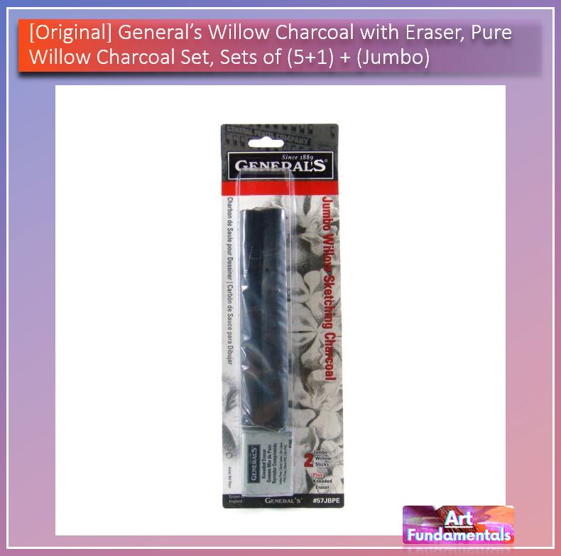 Generals Willow Charcoal with Eraser,  Pure Willow Charcoal Set, sets of (5 + 1) + (Jumbo)