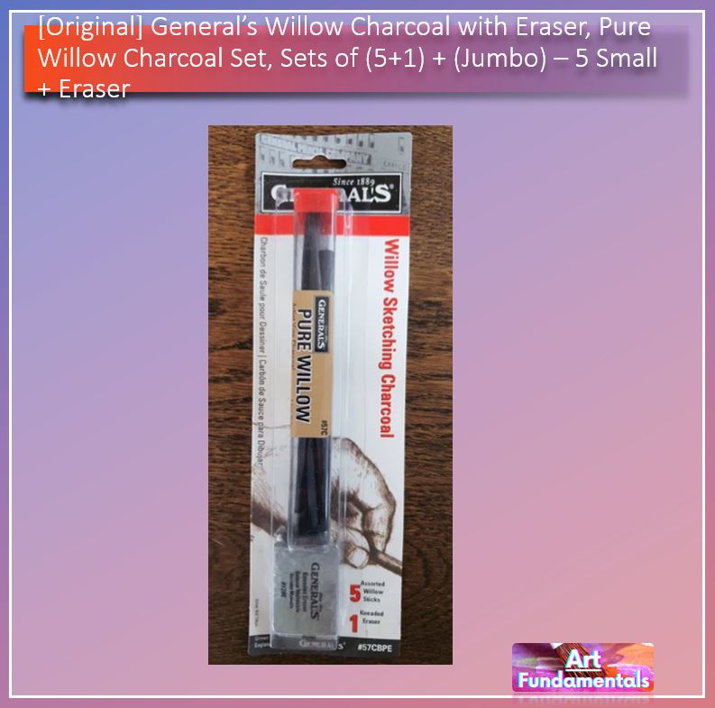Generals Willow Charcoal with Eraser,  Pure Willow Charcoal Set, sets of (5 + 1) + (Jumbo)